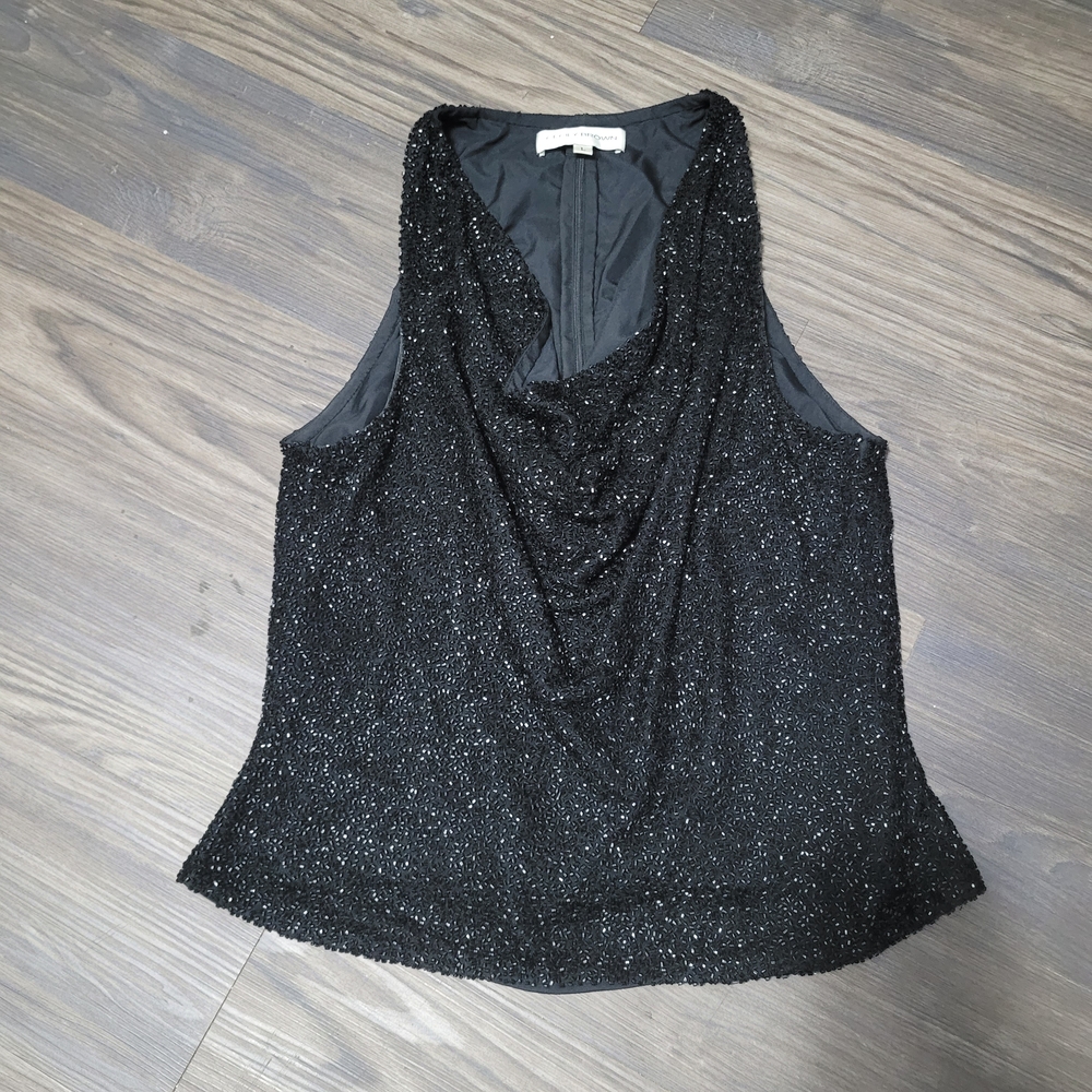 Vintage Cecily Brown Beaded Black Sleeveless Top 100% Silk Cowl Neckline